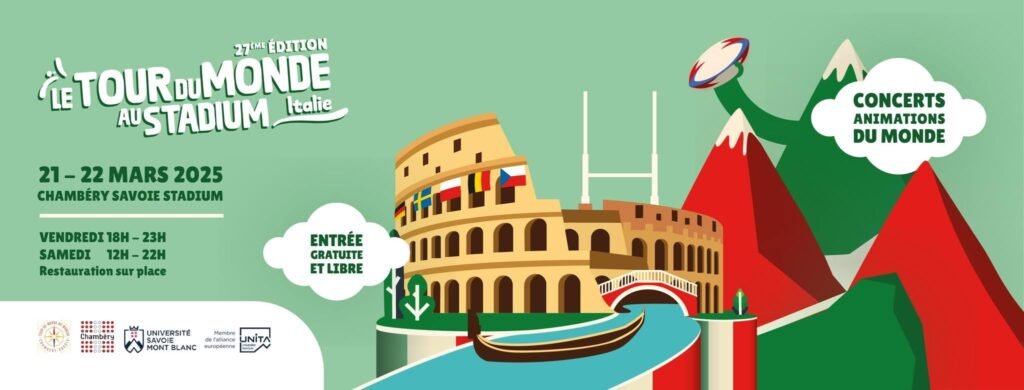 Bannière du programme du Tour du Monde au Manège 2025 mettant en avant le rugby, avec des éléments aux couleurs de l’Italie, pays à l'honneur cette année.